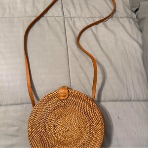 Round Tan Woven Crossbody Bag
